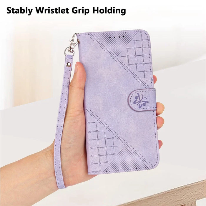 For iPhone 17 Pro Max Leather Wallet Case Butterfly Flower Imprinted Phone Cover with Strap - Purple - 7
