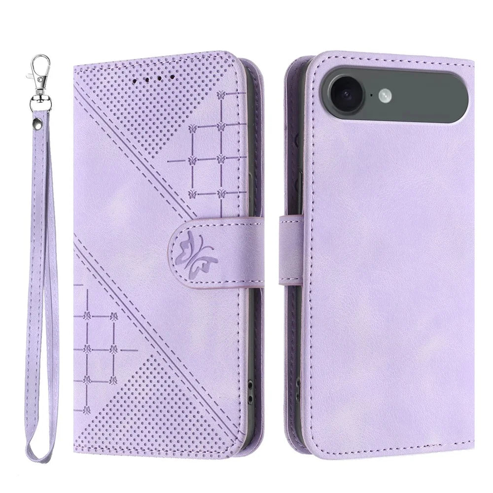 For iPhone Air Leather Wallet Case Butterfly Flower Imprinted Phone Cover with Strap - Purple - 1