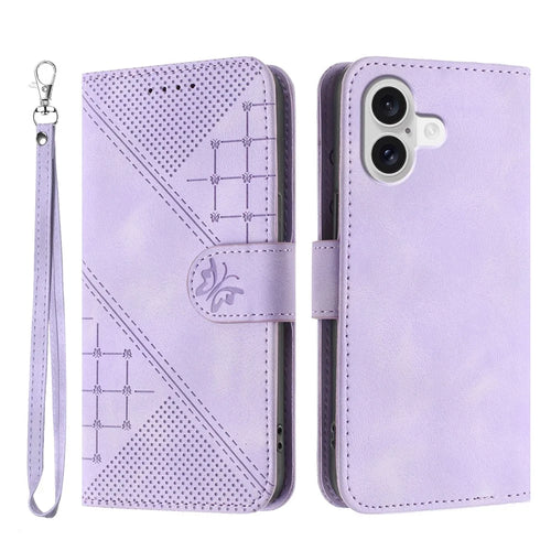For iPhone 17 Leather Wallet Case Butterfly Flower Imprinted Phone Cover with Strap - Purple - 1