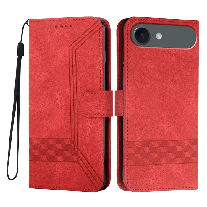For iPhone Air Phone Case with Strap Imprint PU Leather Wallet Stand Cover - Red - 1