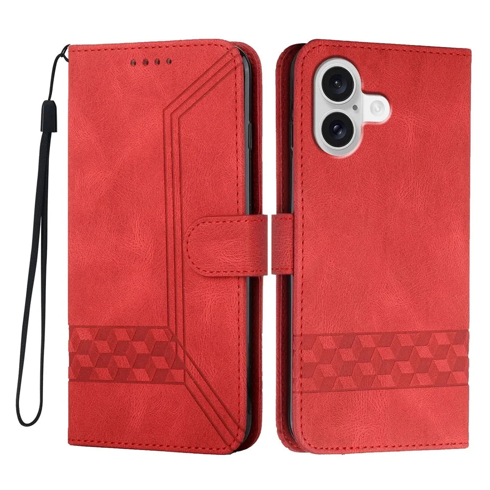For iPhone 17 Phone Case with Strap Imprint PU Leather Wallet Stand Cover - Red - 1