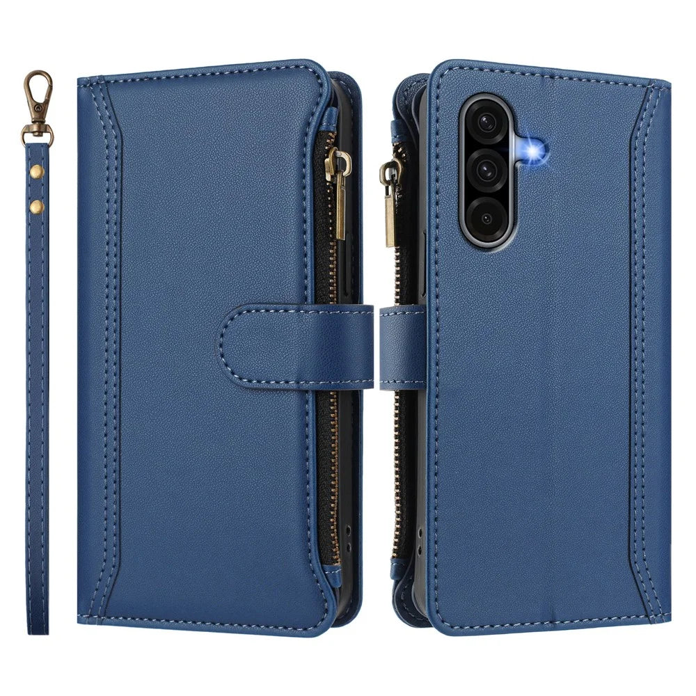 For Samsung Galaxy A37 5G / A56 5G / A36 5G Leather Case 9 Card Slots Zipper Wallet Stand Phone Cover with Wrist Strap - Dark Blue - 3