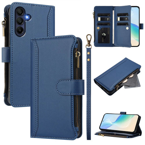 For Samsung Galaxy A16 4G / Galaxy A16 5G Leather Case 9 Card Slots Zipper Wallet Stand Phone Cover with Wrist Strap - Dark Blue - 1