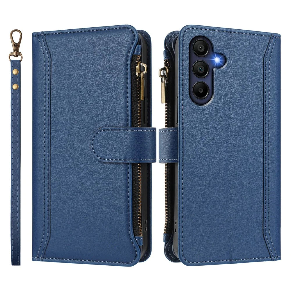 For Samsung Galaxy A16 4G / Galaxy A16 5G Leather Case 9 Card Slots Zipper Wallet Stand Phone Cover with Wrist Strap - Dark Blue - 3