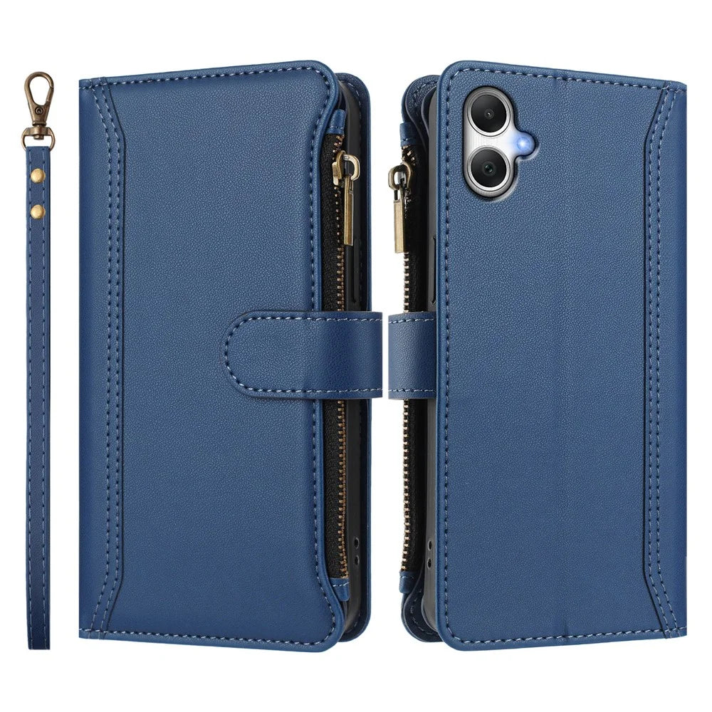 For Samsung Galaxy A06 4G / Galaxy A06 5G Leather Case 9 Card Slots Zipper Wallet Stand Phone Cover with Wrist Strap - Dark Blue - 3