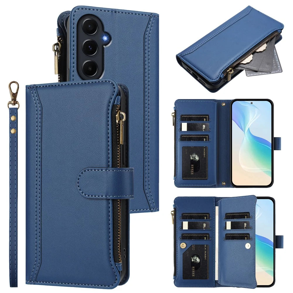 For Samsung Galaxy A55 5G Leather Case 9 Card Slots Zipper Wallet Stand Phone Cover with Wrist Strap - Dark Blue - 2