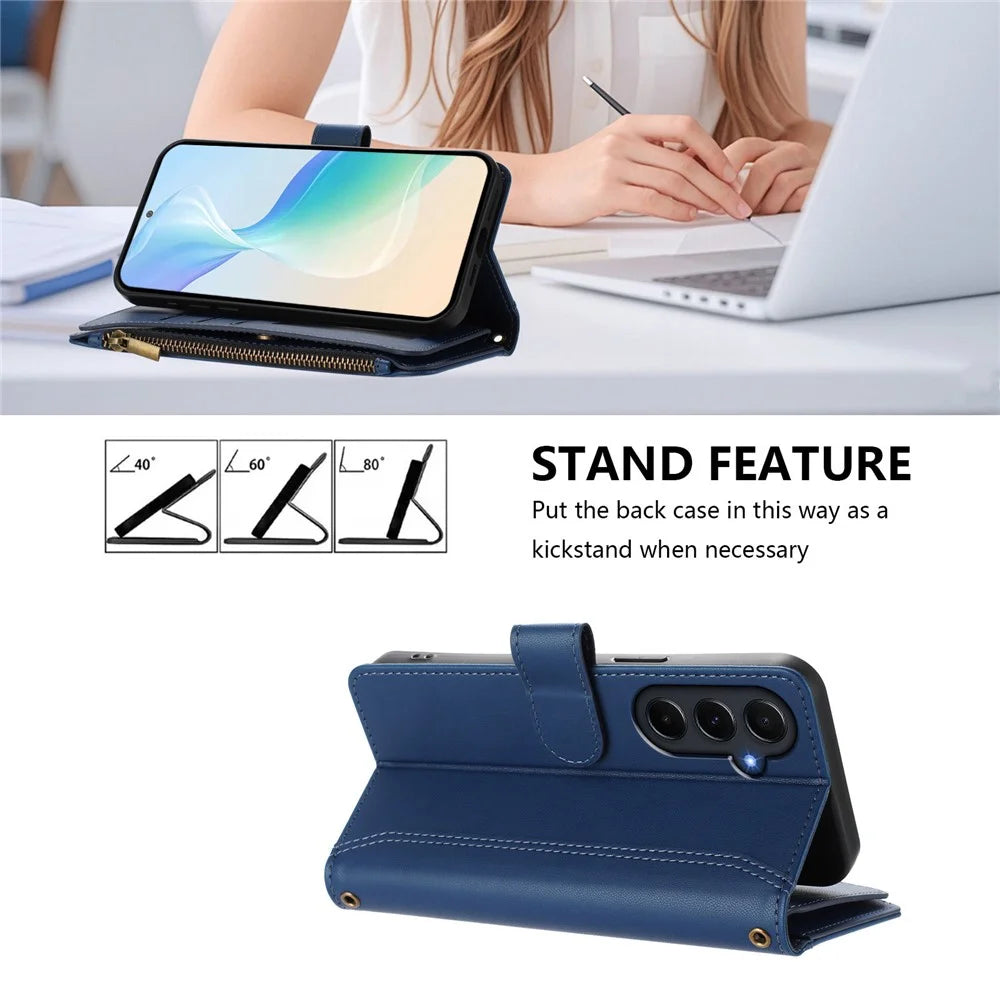 For Samsung Galaxy A55 5G Leather Case 9 Card Slots Zipper Wallet Stand Phone Cover with Wrist Strap - Dark Blue - 4