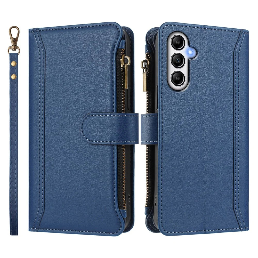 For Samsung Galaxy A35 5G Leather Case 9 Card Slots Zipper Wallet Stand Phone Cover with Wrist Strap - Dark Blue - 3