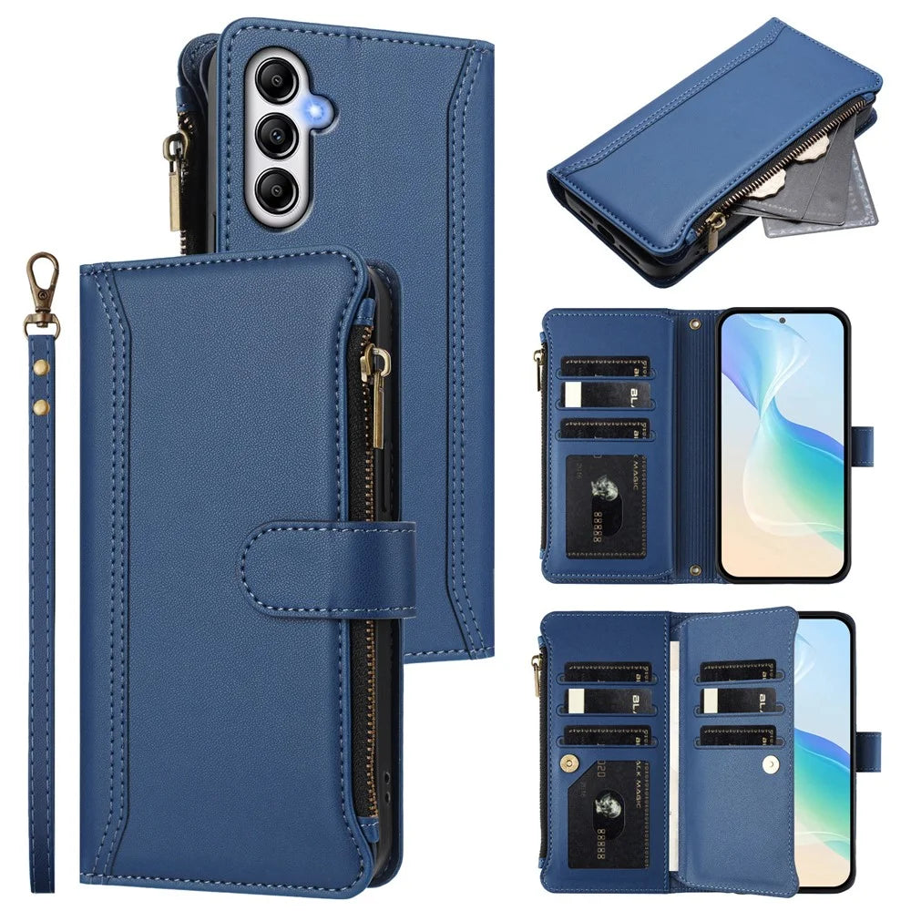 For Samsung Galaxy A25 5G (Global) (161.0 x 76.5 x 8.3mm) Leather Case 9 Card Slots Zipper Wallet Stand Phone Cover with Wrist Strap - Dark Blue - 2