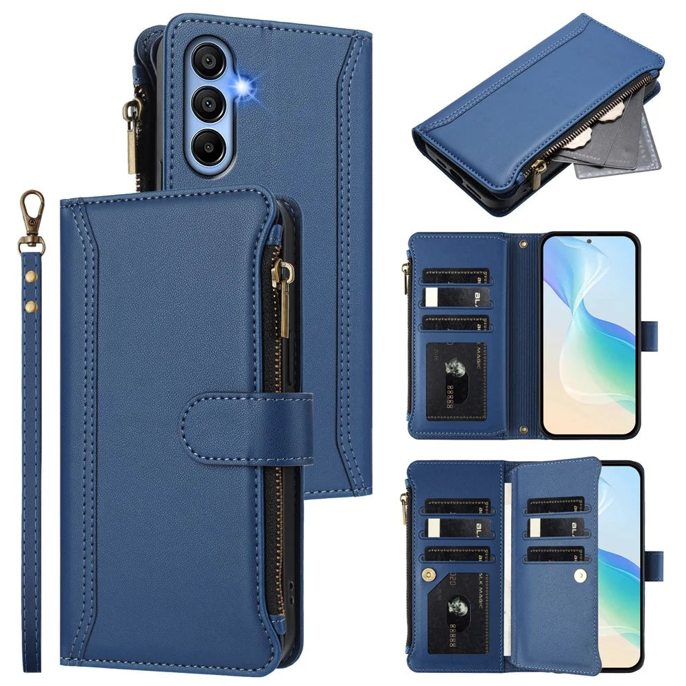 For Samsung Galaxy A15 4G / Galaxy A15 5G Leather Case 9 Card Slots Zipper Wallet Stand Phone Cover with Wrist Strap - Dark Blue - 2