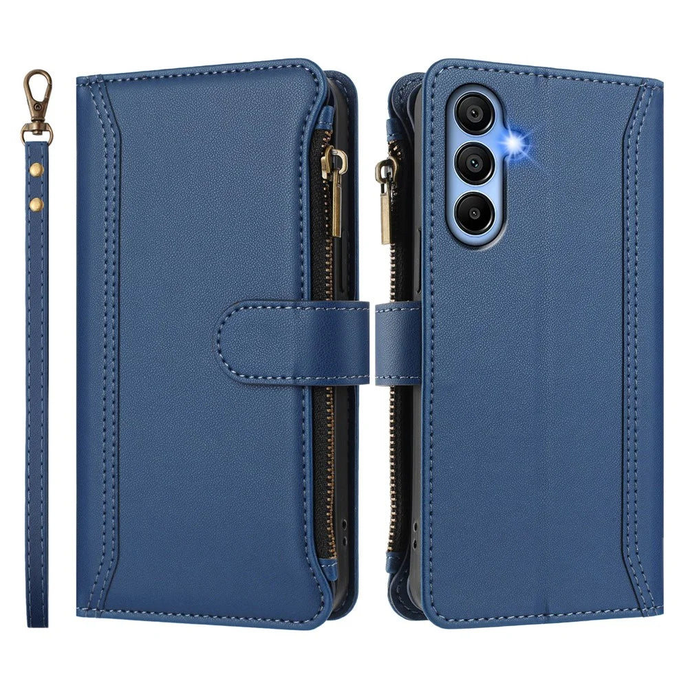 For Samsung Galaxy A15 4G / Galaxy A15 5G Leather Case 9 Card Slots Zipper Wallet Stand Phone Cover with Wrist Strap - Dark Blue - 3