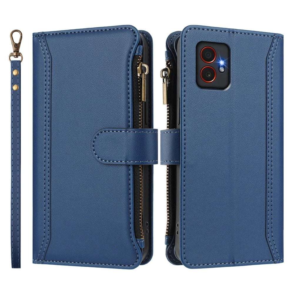 For Samsung Galaxy XCover7 Pro Leather Case 9 Card Slots Zipper Wallet Stand Phone Cover with Wrist Strap - Dark Blue - 3