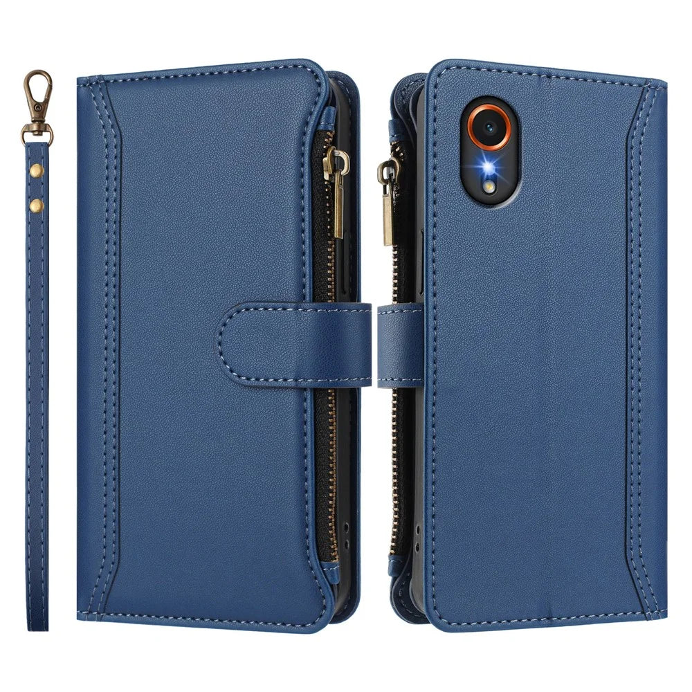 For Samsung Galaxy Xcover7 Leather Case 9 Card Slots Zipper Wallet Stand Phone Cover with Wrist Strap - Dark Blue - 3