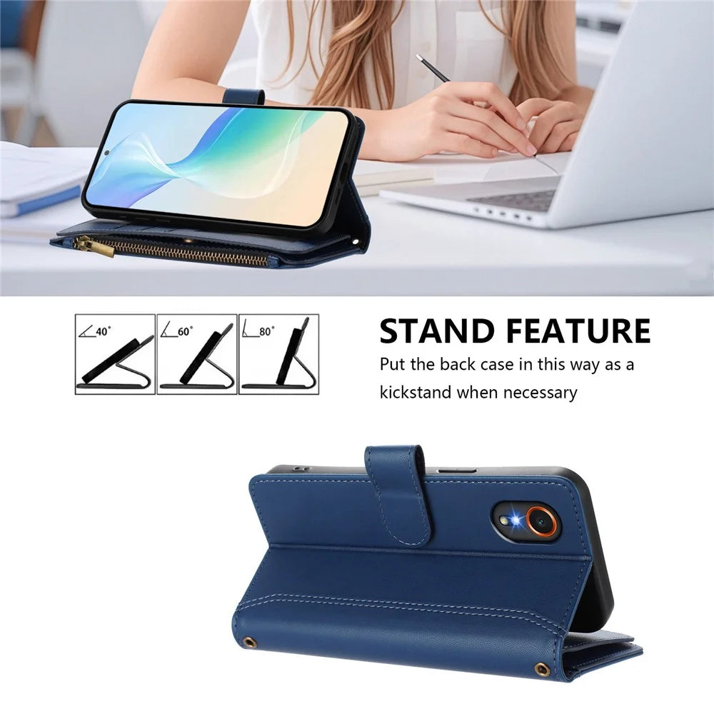 For Samsung Galaxy Xcover7 Leather Case 9 Card Slots Zipper Wallet Stand Phone Cover with Wrist Strap - Dark Blue - 4