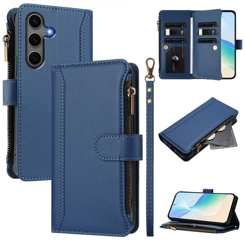 For Samsung Galaxy S24+ / Galaxy S25+ Leather Case 9 Card Slots Zipper Wallet Stand Phone Cover with Wrist Strap - Dark Blue - 1