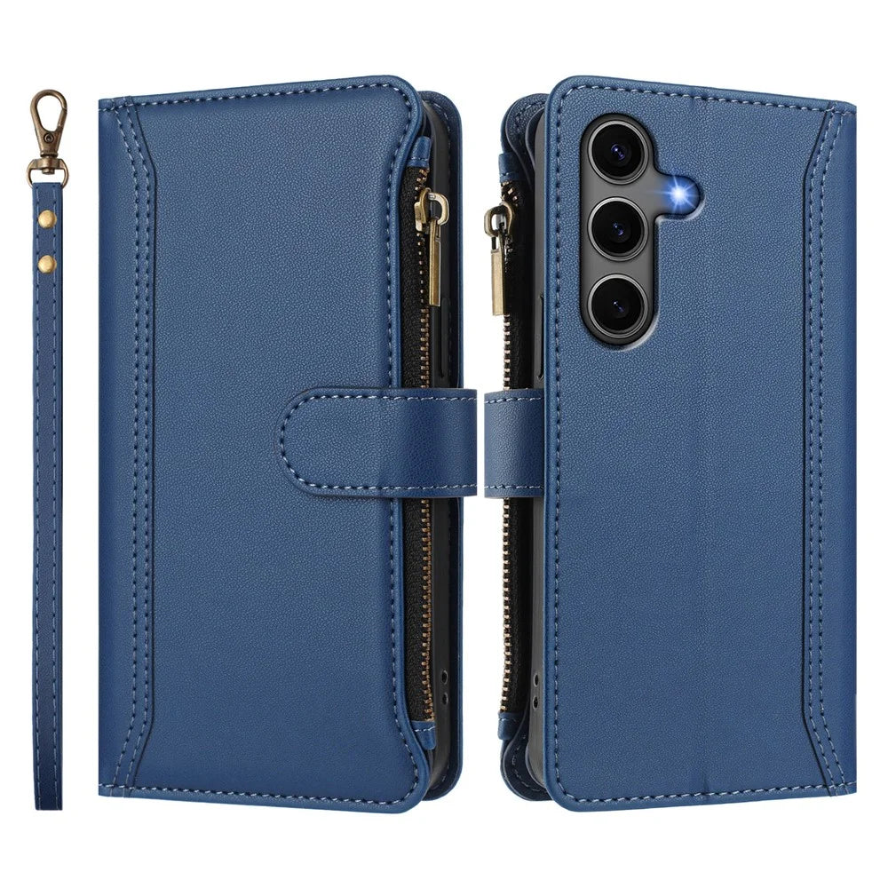 For Samsung Galaxy S24+ / Galaxy S25+ Leather Case 9 Card Slots Zipper Wallet Stand Phone Cover with Wrist Strap - Dark Blue - 3