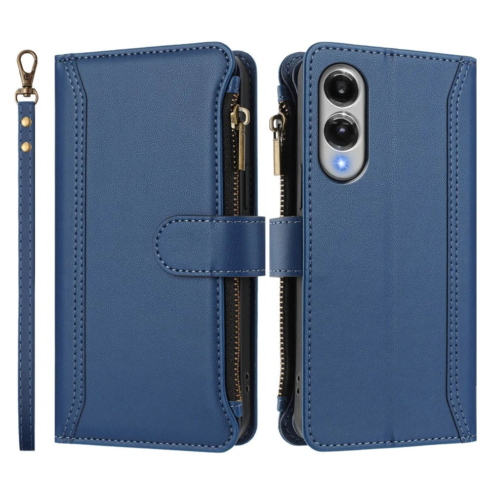 For Samsung Galaxy S25 Edge Leather Case 9 Card Slots Zipper Wallet Stand Phone Cover with Wrist Strap - Dark Blue - 3