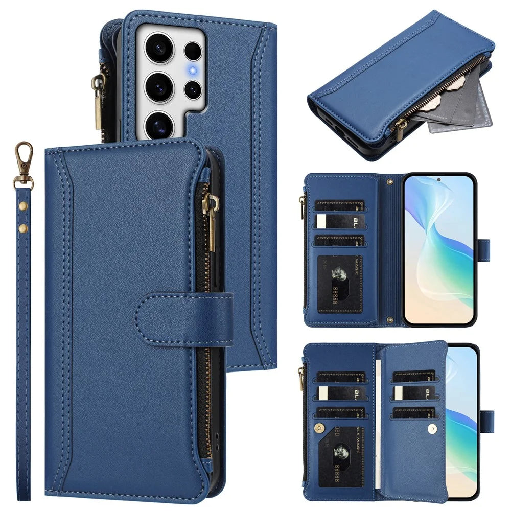 For Samsung Galaxy S24 Ultra Leather Case 9 Card Slots Zipper Wallet Stand Phone Cover with Wrist Strap - Dark Blue - 2