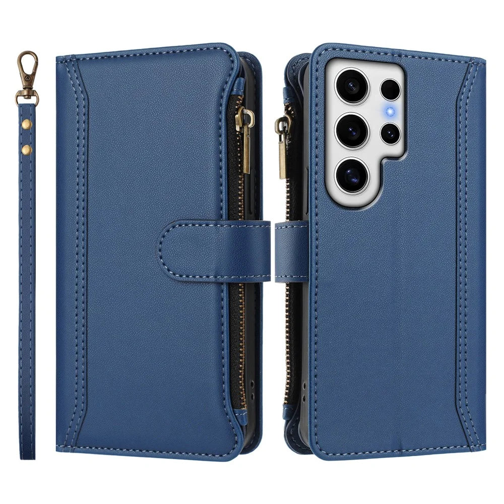For Samsung Galaxy S24 Ultra Leather Case 9 Card Slots Zipper Wallet Stand Phone Cover with Wrist Strap - Dark Blue - 3