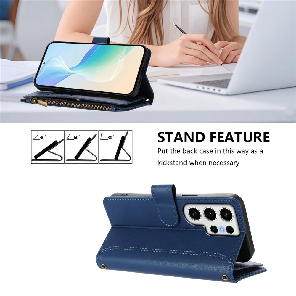 For Samsung Galaxy S24 Ultra Leather Case 9 Card Slots Zipper Wallet Stand Phone Cover with Wrist Strap - Dark Blue - 4