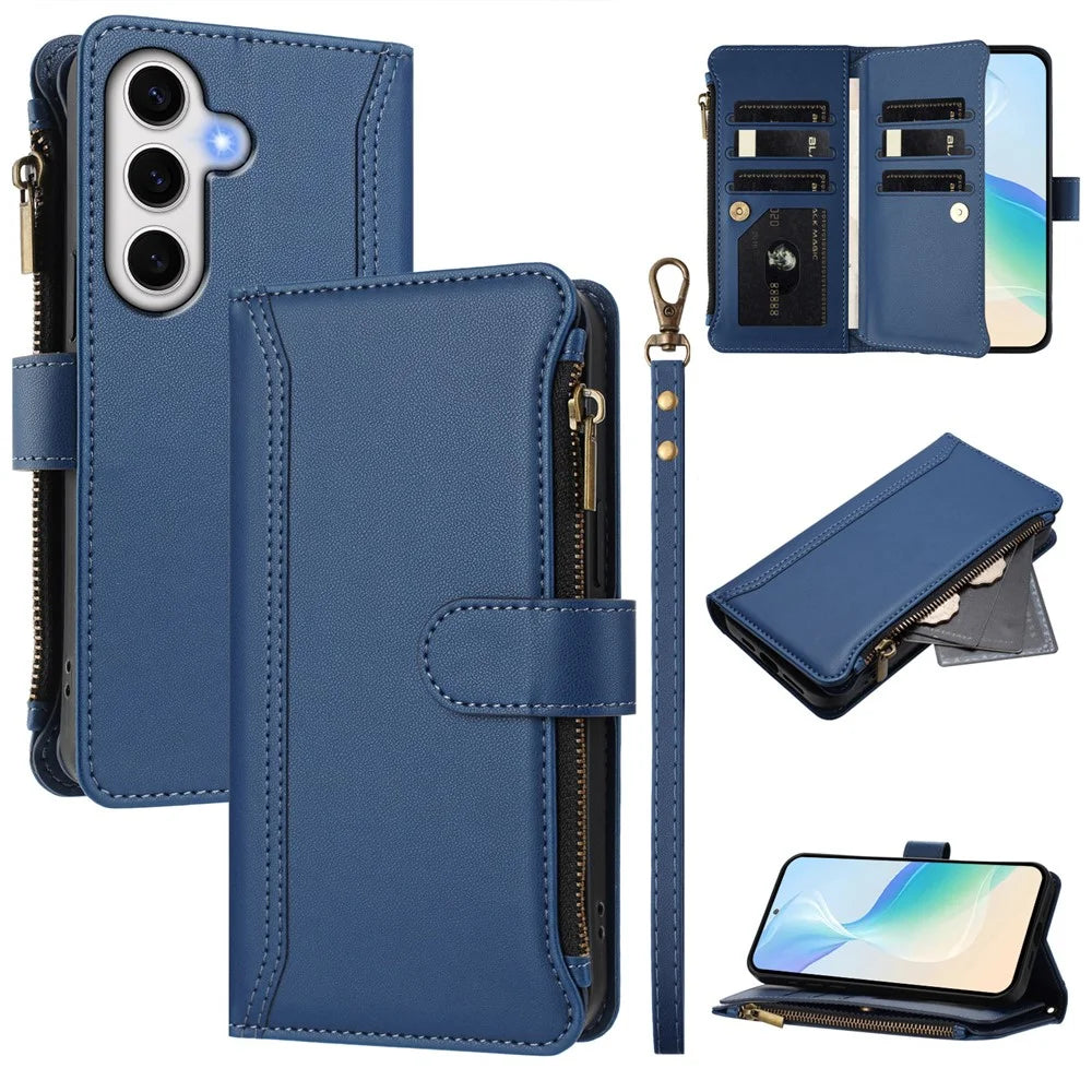 For Samsung Galaxy S24 FE Leather Case 9 Card Slots Zipper Wallet Stand Phone Cover with Wrist Strap - Dark Blue - 1