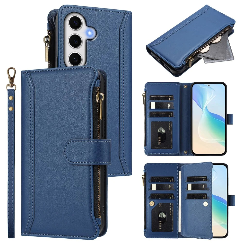 For Samsung Galaxy S24 FE Leather Case 9 Card Slots Zipper Wallet Stand Phone Cover with Wrist Strap - Dark Blue - 2