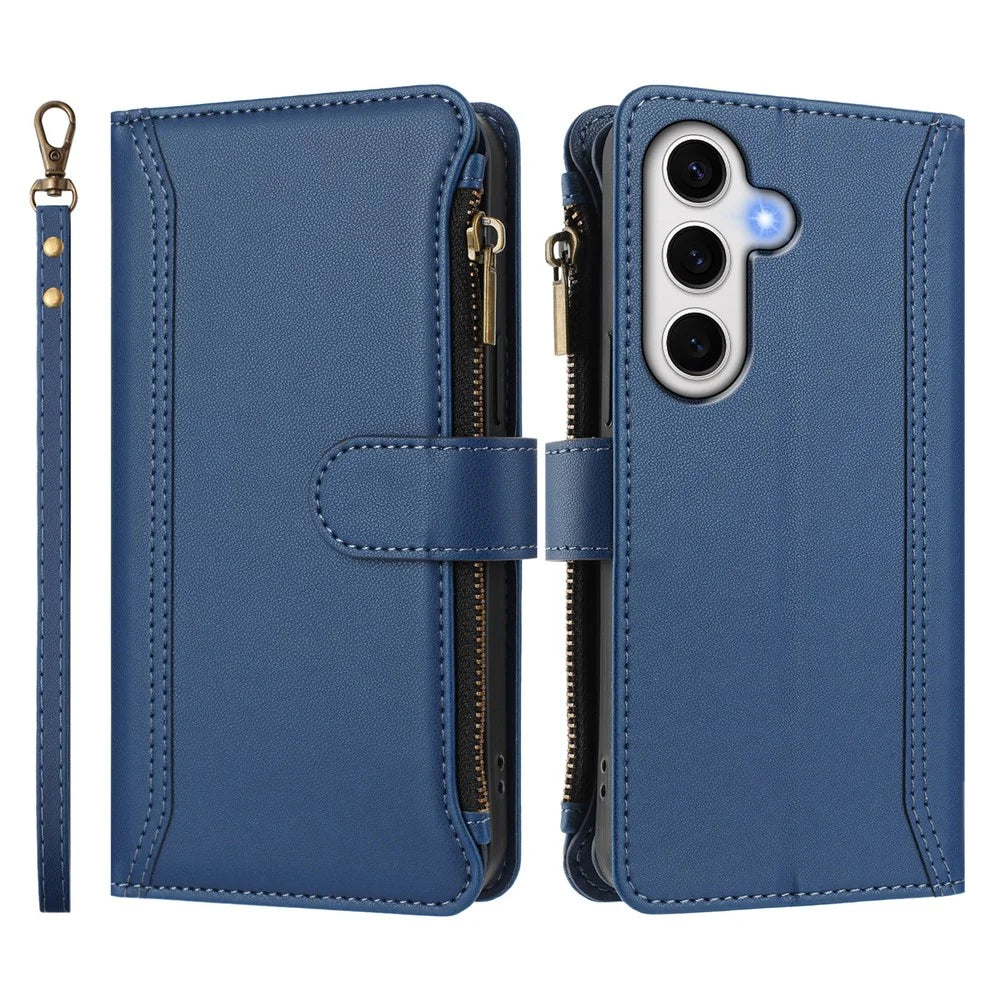 For Samsung Galaxy S24 FE Leather Case 9 Card Slots Zipper Wallet Stand Phone Cover with Wrist Strap - Dark Blue - 3