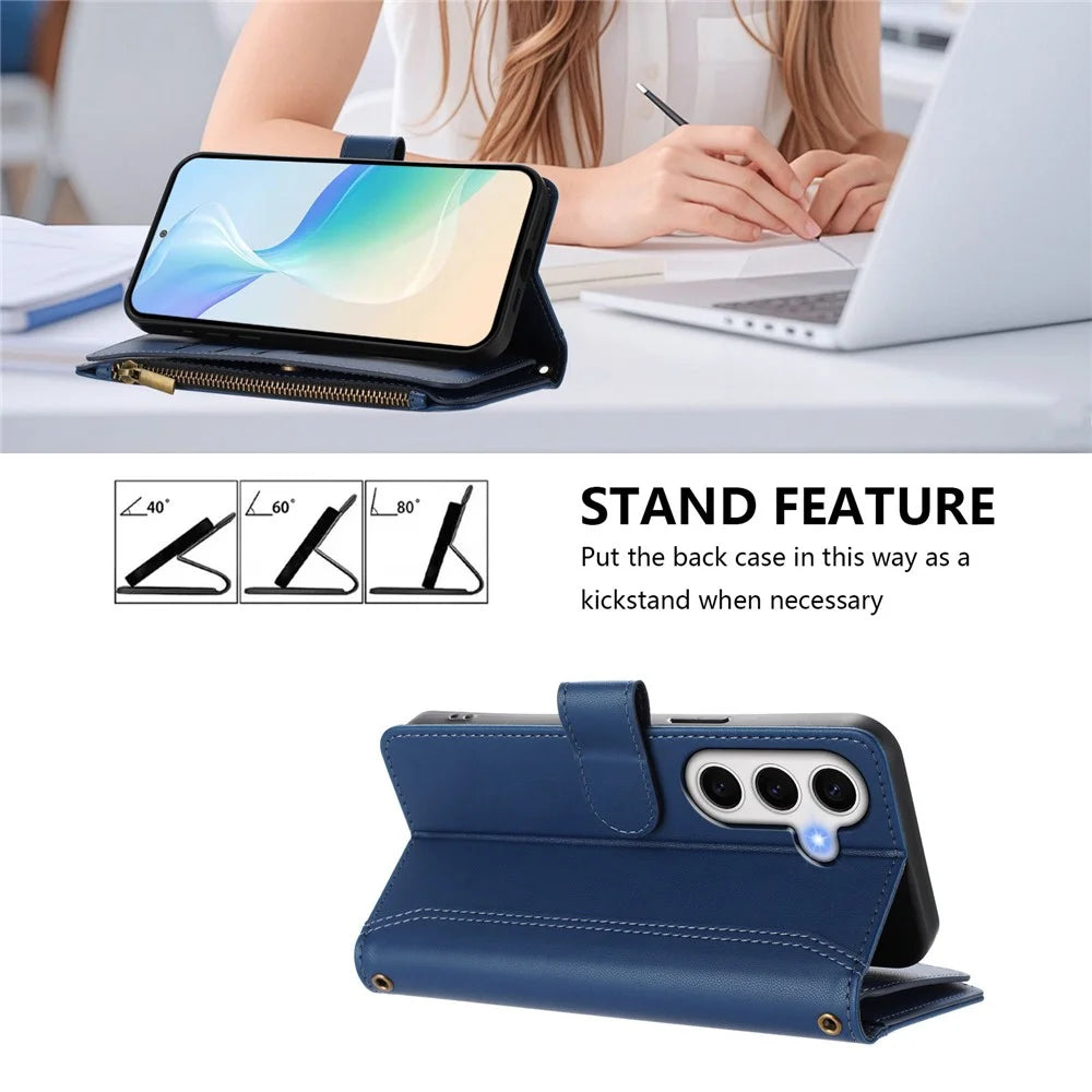 For Samsung Galaxy S24 FE Leather Case 9 Card Slots Zipper Wallet Stand Phone Cover with Wrist Strap - Dark Blue - 4