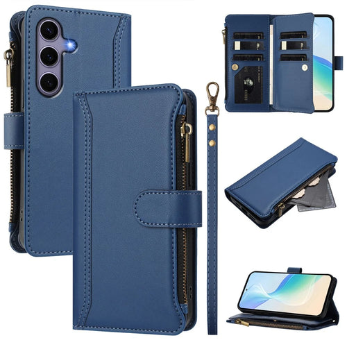 For Samsung Galaxy S24 / Galaxy S25 Leather Case 9 Card Slots Zipper Wallet Stand Phone Cover with Wrist Strap - Dark Blue - 1