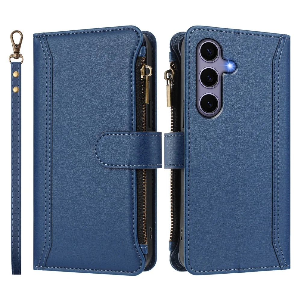 For Samsung Galaxy S24 / Galaxy S25 Leather Case 9 Card Slots Zipper Wallet Stand Phone Cover with Wrist Strap - Dark Blue - 3