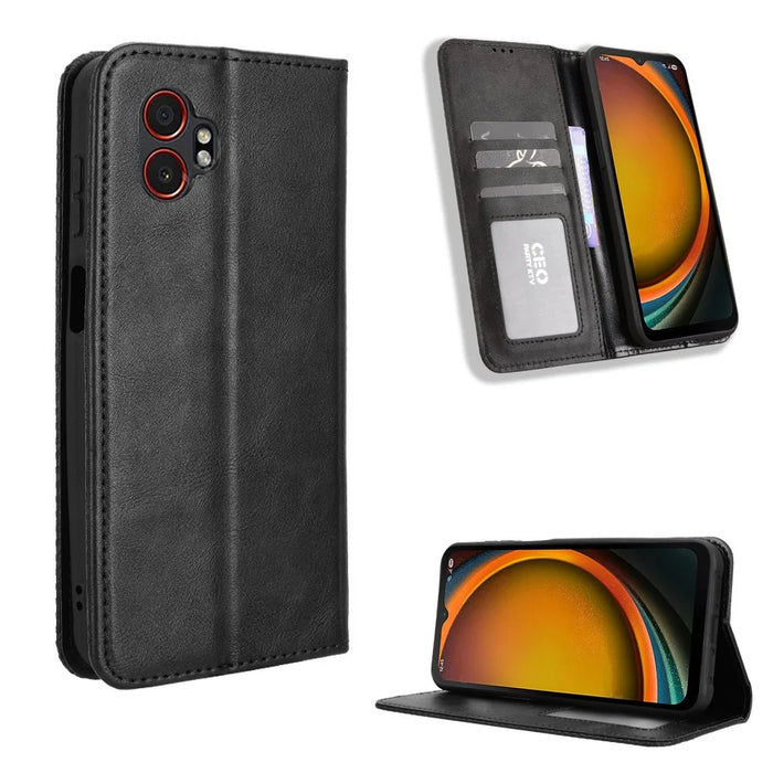 For Samsung Galaxy XCover7 Pro Leather Case Wallet Stand Retro Texture Phone Cover - Black - 1
