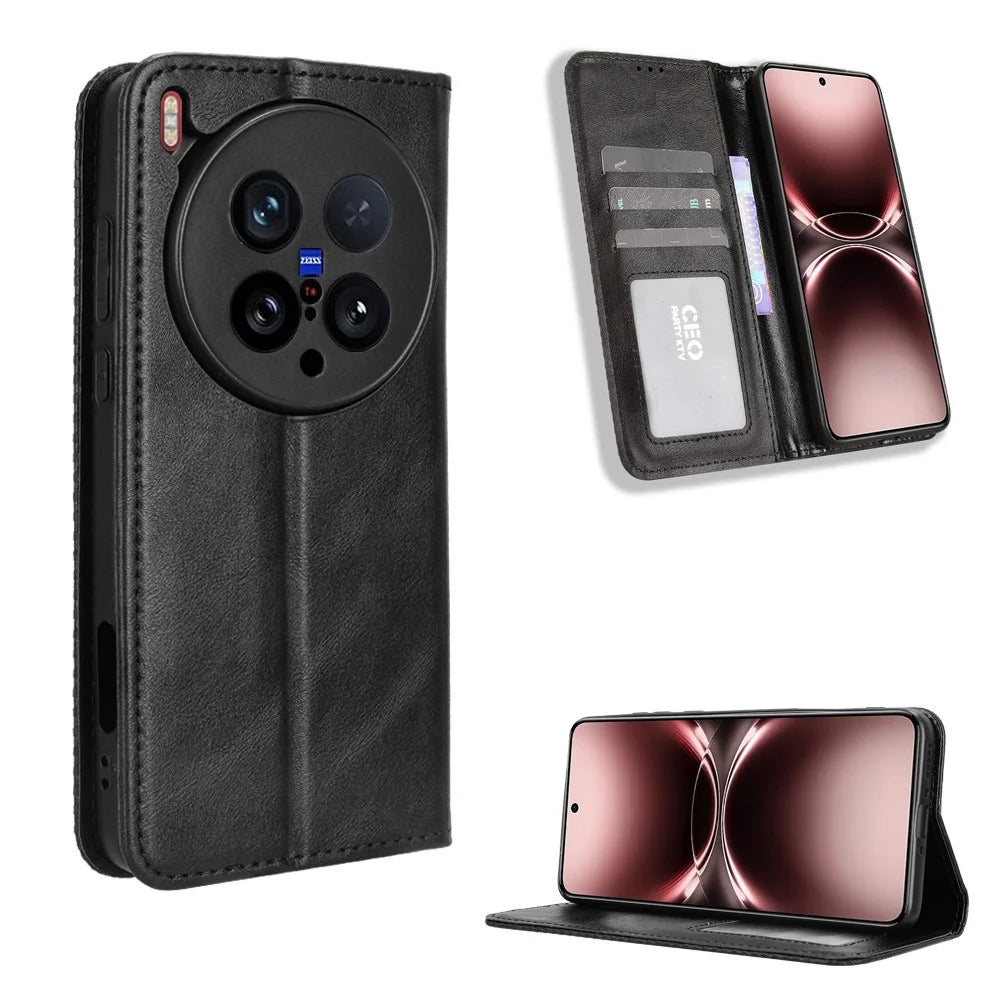For vivo X200 Ultra 5G Leather Case Wallet Stand Retro Texture Phone Cover - Black - 1