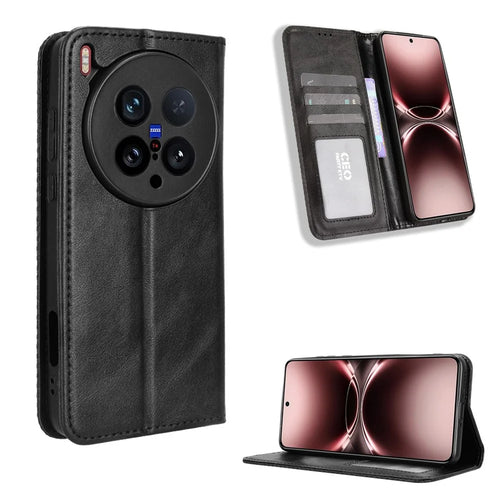 For vivo X200 Ultra 5G Leather Case Wallet Stand Retro Texture Phone Cover - Black - 1