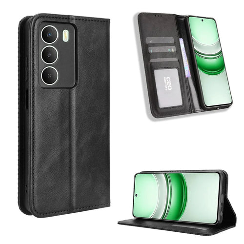 For Realme C73 5G / 14x 5G / V70 5G / V70s 5G Leather Case Wallet Stand Retro Texture Phone Cover - Black - 1