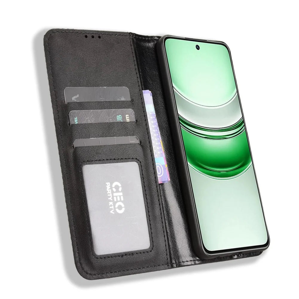 For Realme C73 5G / 14x 5G / V70 5G / V70s 5G Leather Case Wallet Stand Retro Texture Phone Cover - Black - 5