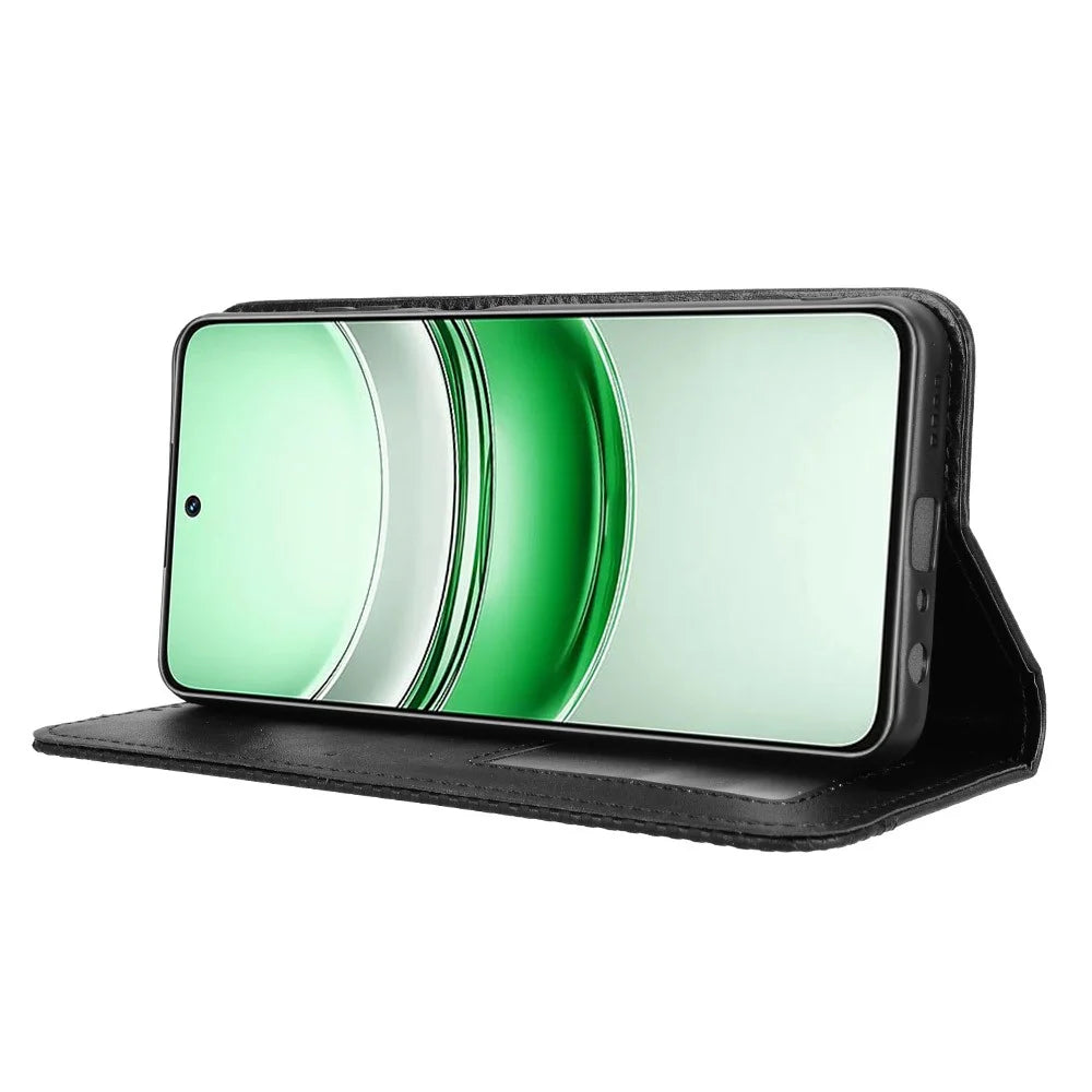 For Realme C73 5G / 14x 5G / V70 5G / V70s 5G Leather Case Wallet Stand Retro Texture Phone Cover - Black - 6