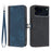 For iPhone 17 Pro PU Leather Case with Strap Phone Cover Stand Side Magnetic Button Design - Black+Royal Blue - 1