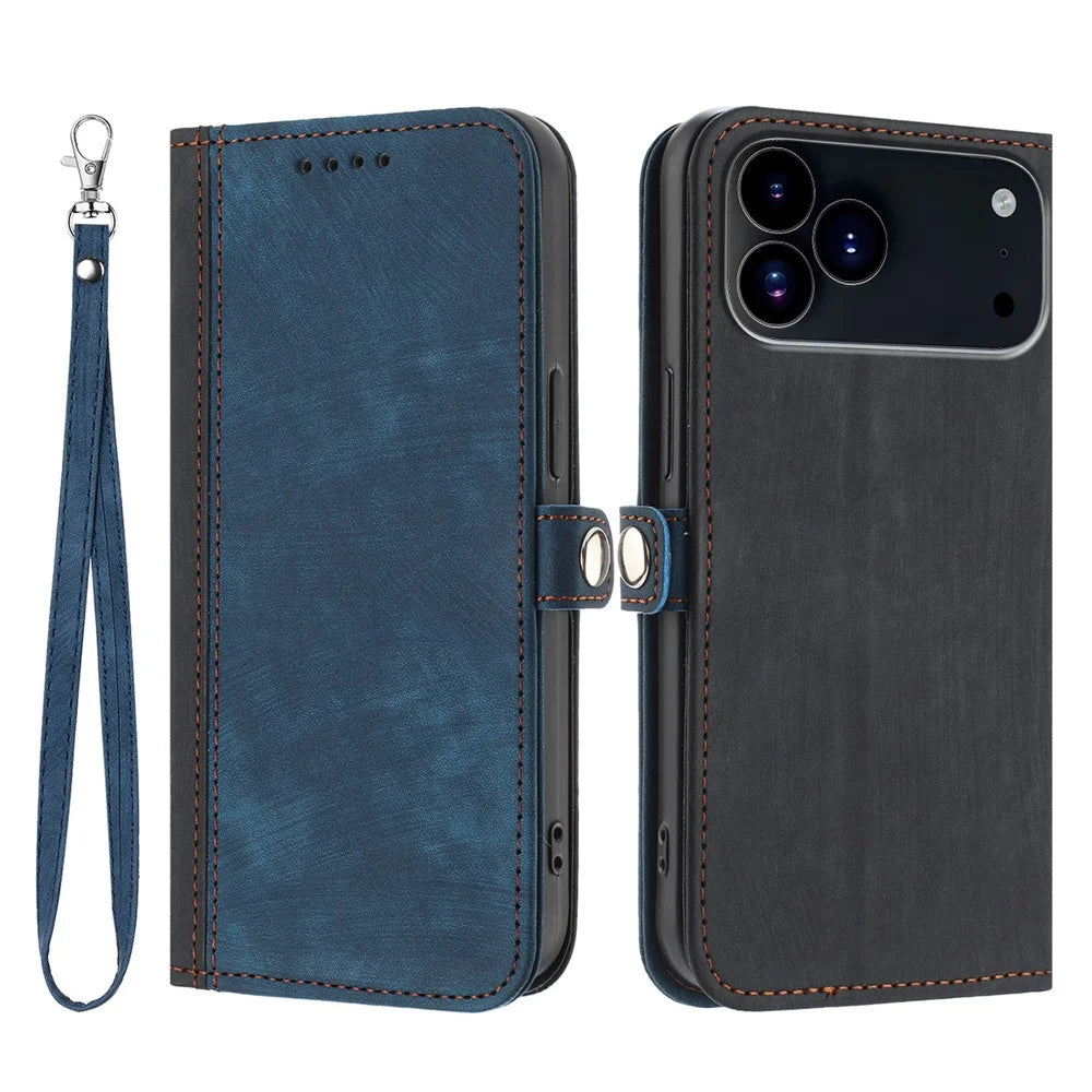 For iPhone 17 Pro Max PU Leather Case with Strap Phone Cover Stand Side Magnetic Button Design - Black+Royal Blue - 1
