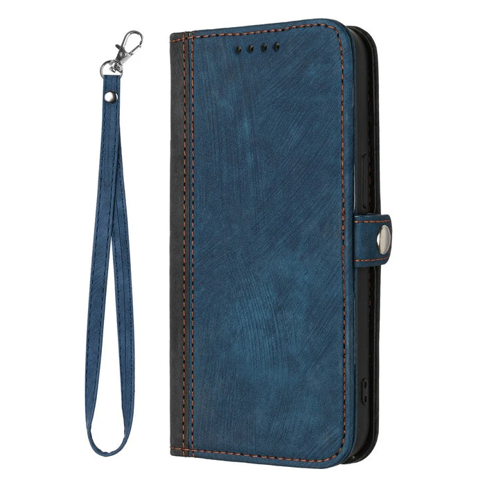 For iPhone 17 Pro Max PU Leather Case with Strap Phone Cover Stand Side Magnetic Button Design - Black+Royal Blue - 2