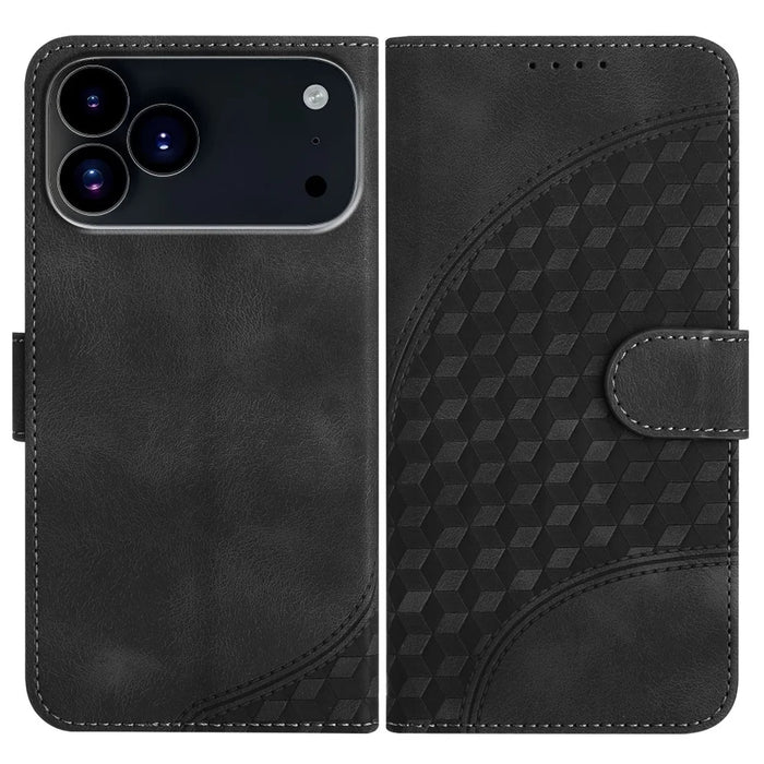 For iPhone 17 Pro Leather Case with Wrist Strap Diamond Imprint Wallet Phone Cover - Black - 1
