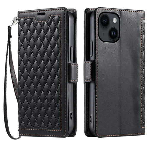 For iPhone 15 Leather Case Rhombus Texture Wallet Stand Phone Cover with Wrist Strap - Black - 1