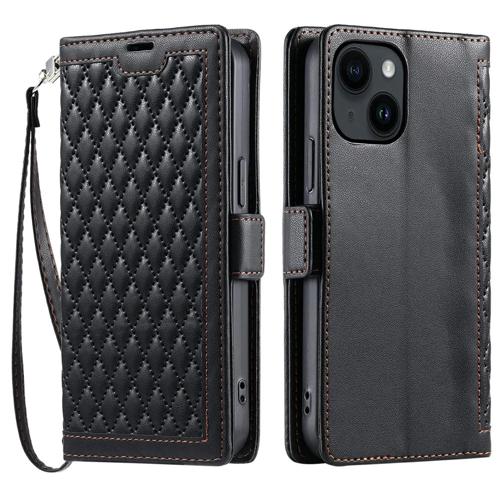 For iPhone 15 Leather Case Rhombus Texture Wallet Stand Phone Cover with Wrist Strap - Black - 1