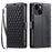 For iPhone 15 Leather Case Rhombus Texture Wallet Stand Phone Cover with Wrist Strap - Black - 1