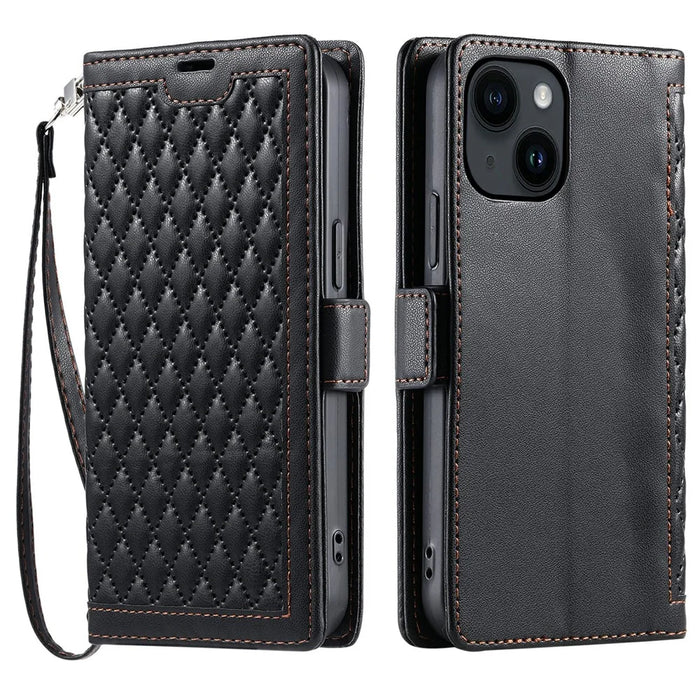 For iPhone 15 Leather Case Rhombus Texture Wallet Stand Phone Cover with Wrist Strap - Black - 1