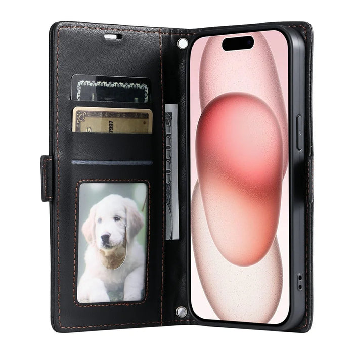 For iPhone 15 Leather Case Rhombus Texture Wallet Stand Phone Cover with Wrist Strap - Black - 2