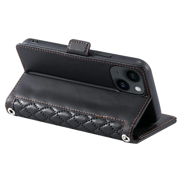 For iPhone 15 Leather Case Rhombus Texture Wallet Stand Phone Cover with Wrist Strap - Black - 4