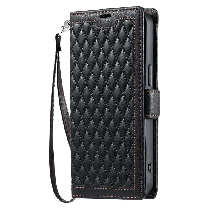 For iPhone 15 Leather Case Rhombus Texture Wallet Stand Phone Cover with Wrist Strap - Black - 6