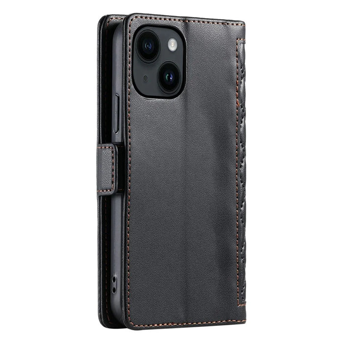 For iPhone 15 Leather Case Rhombus Texture Wallet Stand Phone Cover with Wrist Strap - Black - 7