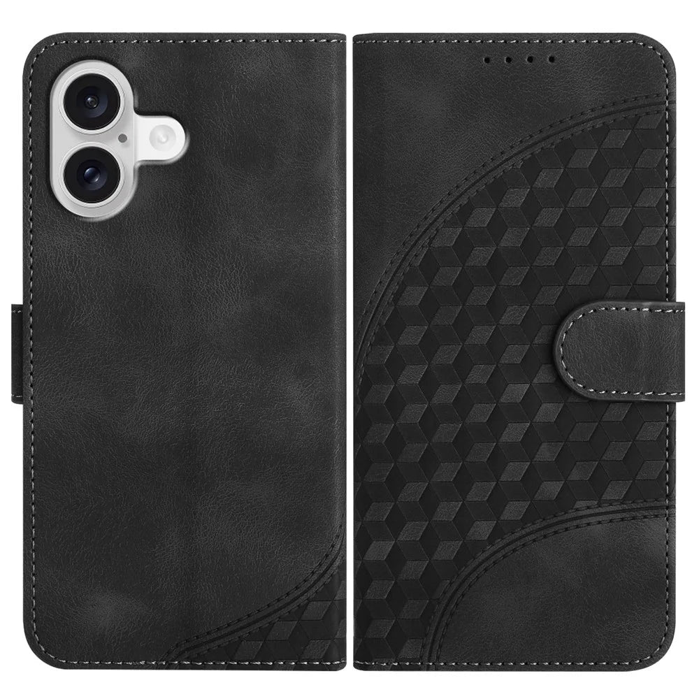 For iPhone 17 Leather Case with Wrist Strap Diamond Imprint Wallet Phone Cover - Black - 1