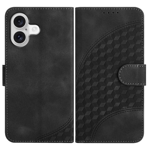 For iPhone 17 Leather Case with Wrist Strap Diamond Imprint Wallet Phone Cover - Black - 1